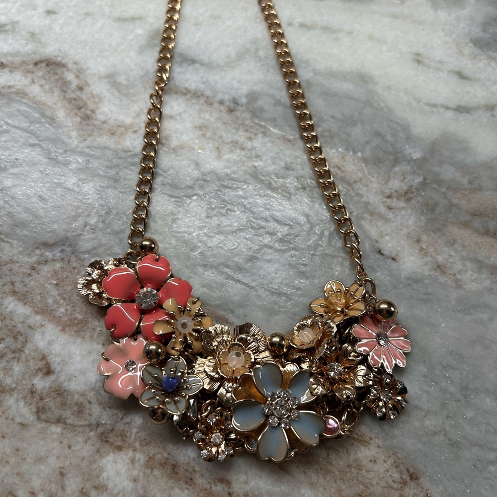 Floral Gold Necklace with Pink and Blue Accents